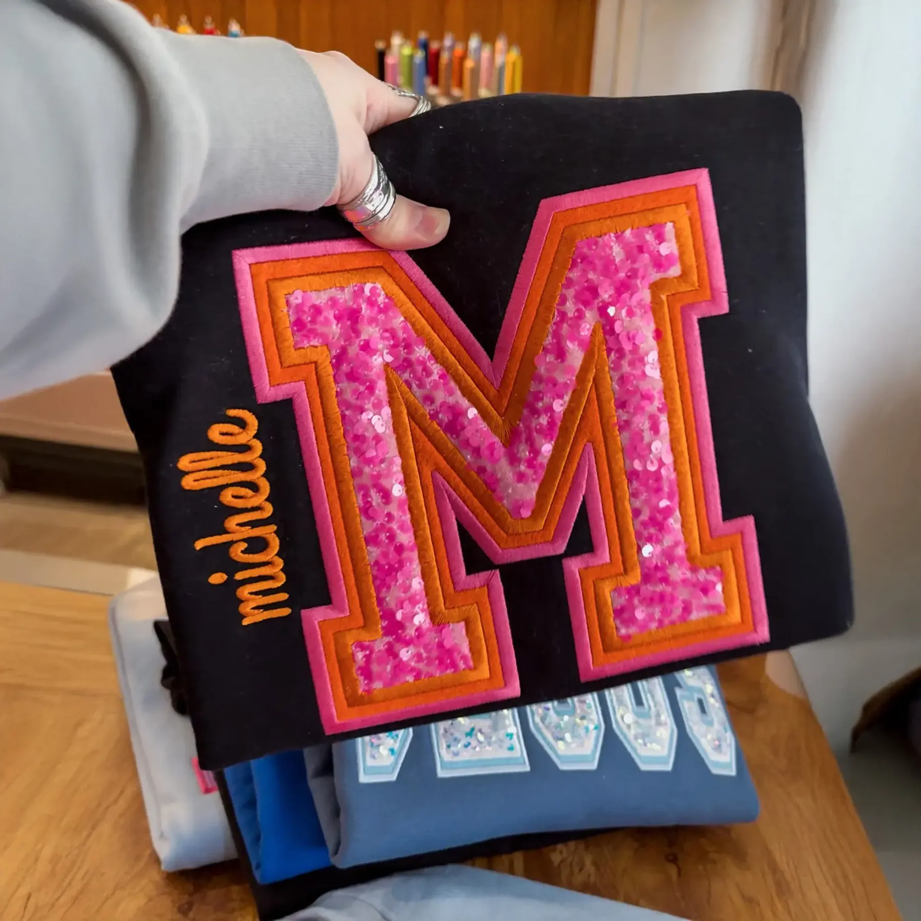 Custom Sequin Varsity Letter Sweatshirt with Multi-Stitched Embroidered Outline - Personalized Sports Fan Gifts