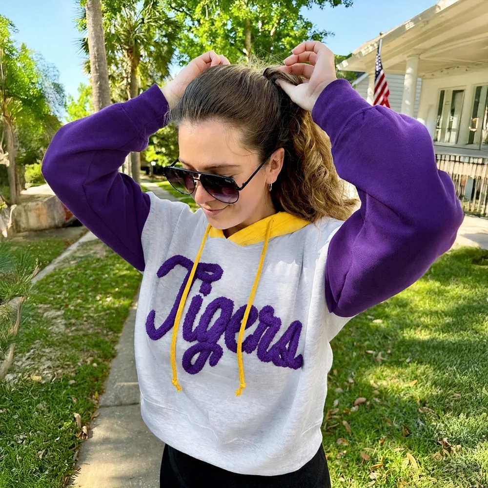 Custom Two Tone Color Block Chenille Letter Embroidered Hoodie - Personalized Gifts for Sports Lovers