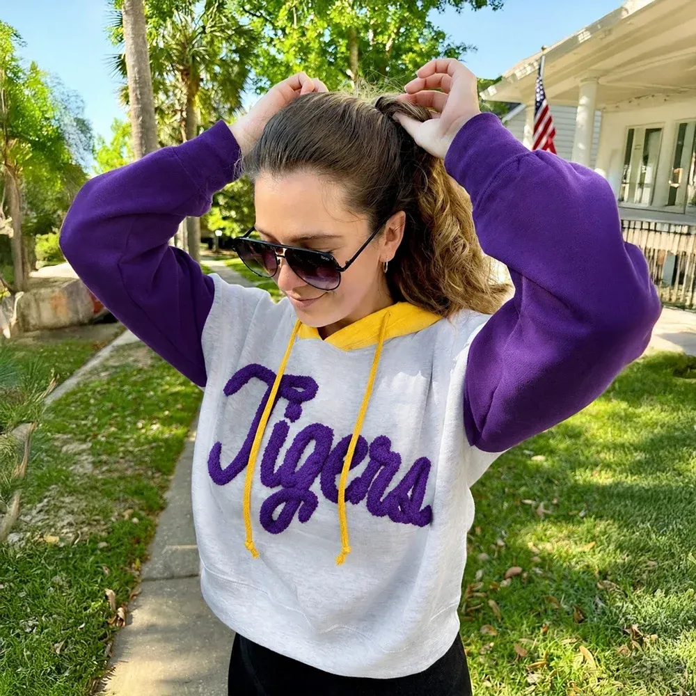 Custom Two Tone Color Block Chenille Letter Embroidered Hoodie - Personalized Gifts for Sports Lovers