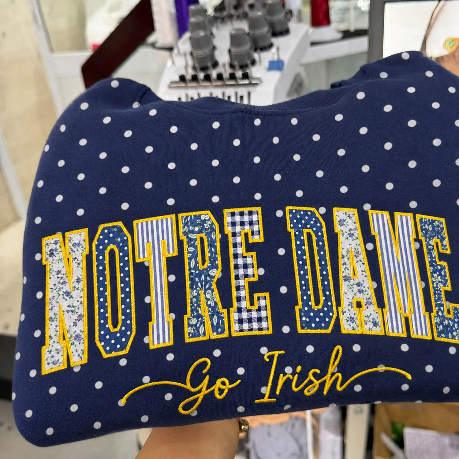 Custom Patchwork Fabric Embroidered Polka Dot Sweatshirt Team and School Name Applique Varsity Letters