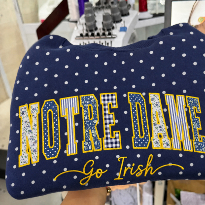 Custom Patchwork Fabric Embroidered Polka Dot Sweatshirt Team and School Name Applique Varsity Letters