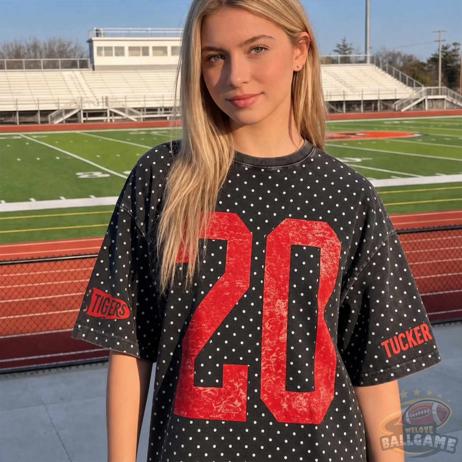 Custom Vintage Varsity Number and Custom Name on Back Polka Dot Washed T-Shirt Game Day School Spirit Shirt