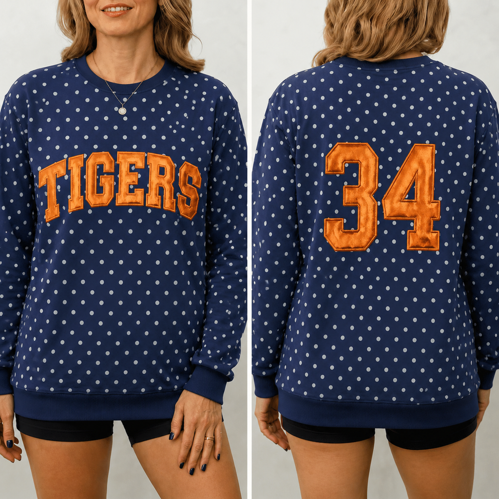 Custom Metallic Puff Polka Dot Team Name Sweatshirt - Personalized Back Number Game Day Crewneck
