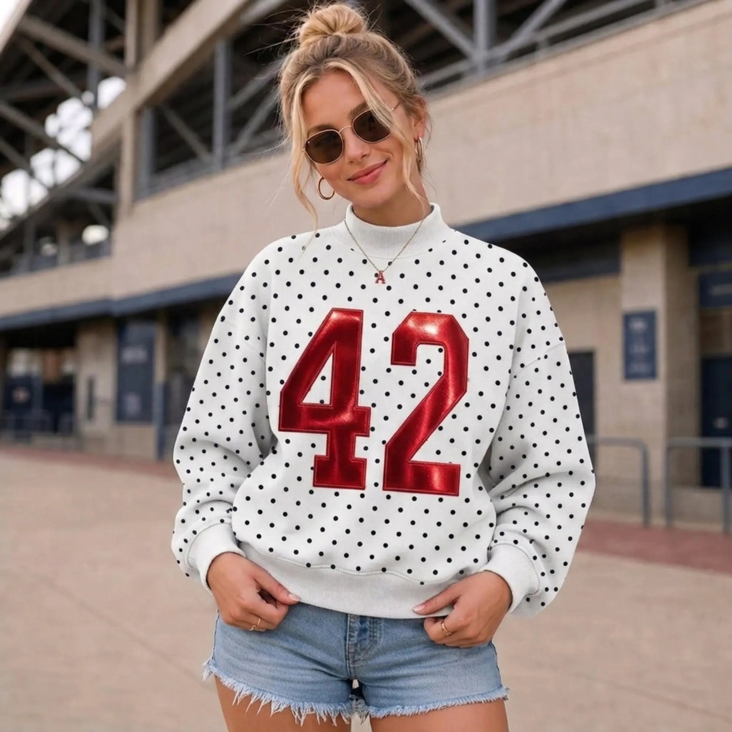 Custom Metallic Puff Number Polka Dot Mockneck, Personalized Team Number Game Day Wear