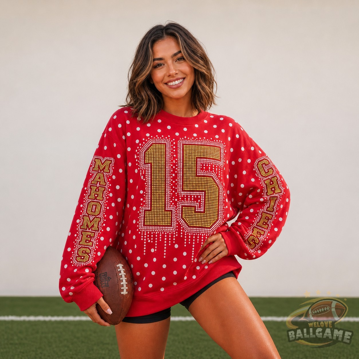Custom Rhinestone Drip Polka Dot Sweatshirt, Personalized Chest Number & Sleeve Text Game Day Football Fan Top