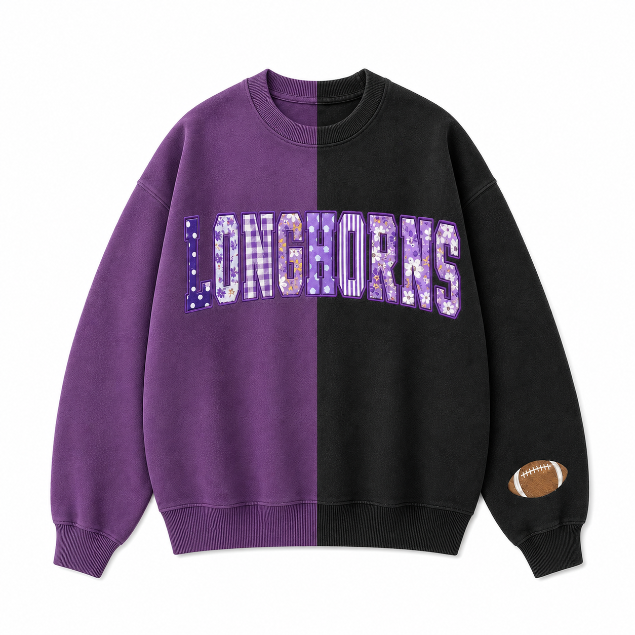 Custom Patchwork Fabric Embroidered Two Tone Sweatshirt For Game Day