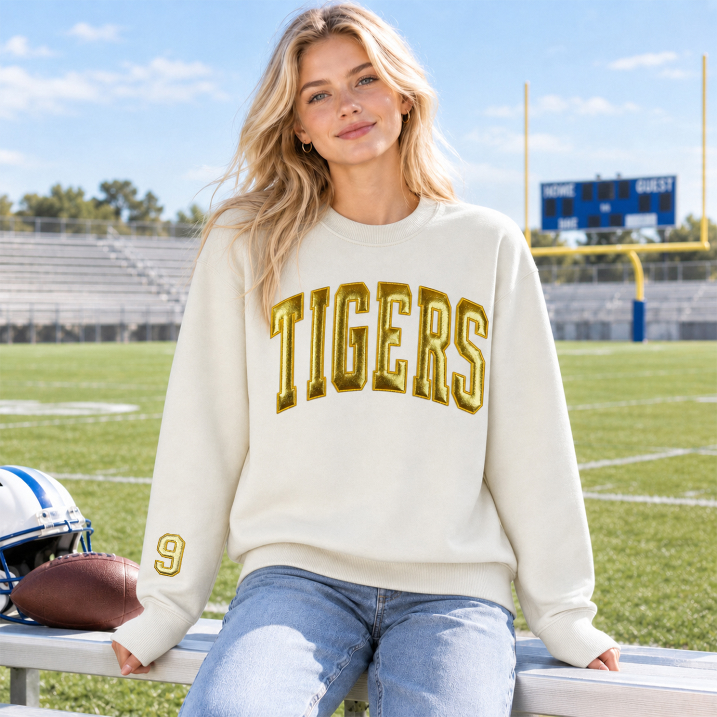Custom Metallic Puff Team Name Sweatshirt, Personalized Game Day Crewneck