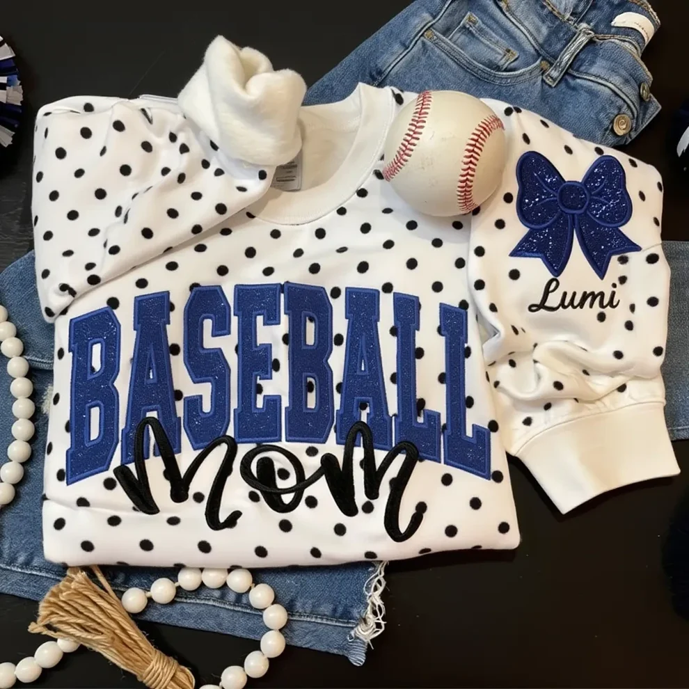 Custom Glitter Embroidered College Cheer Mom Polka Dot Sweatshirt, Gifts for Sports Mom, Game Day Wear