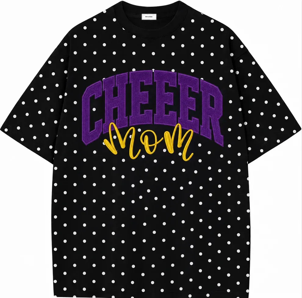 Custom Glitter Embroidered College Cheer Mom Polka Dot T-shirt Sweatshirt, Gifts for Sports Mom, Game Day Wear