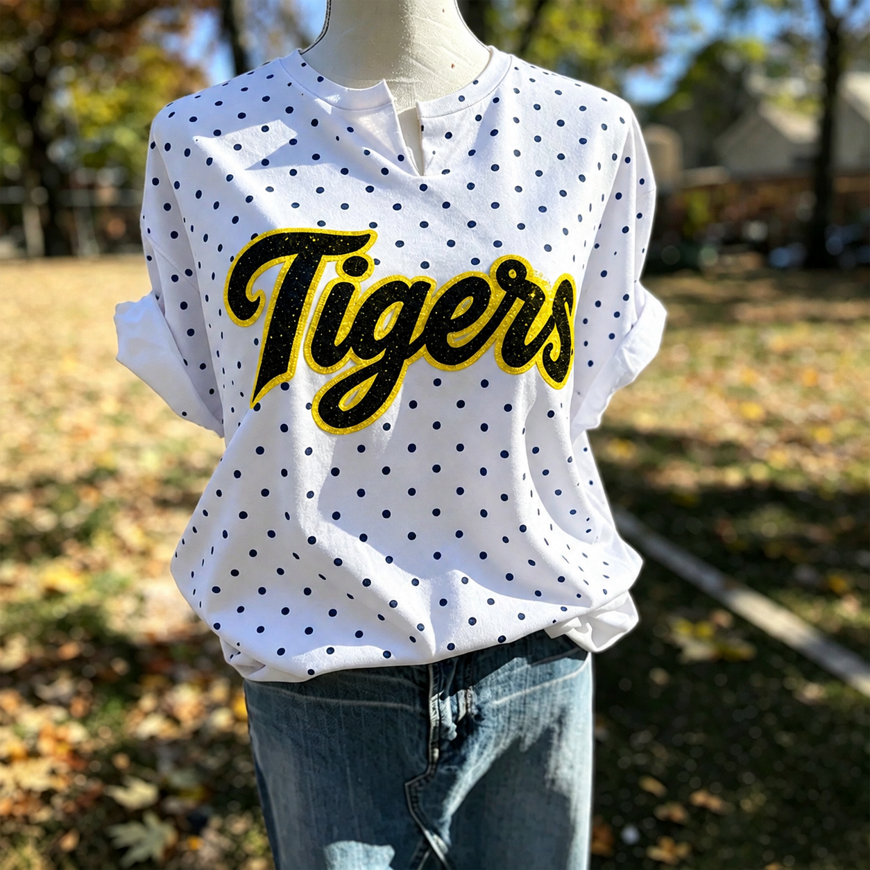 Custom Glitter Embroidery Polka Dot Shirt, Glitter Team Name Sweatshirt, Game Day Mom