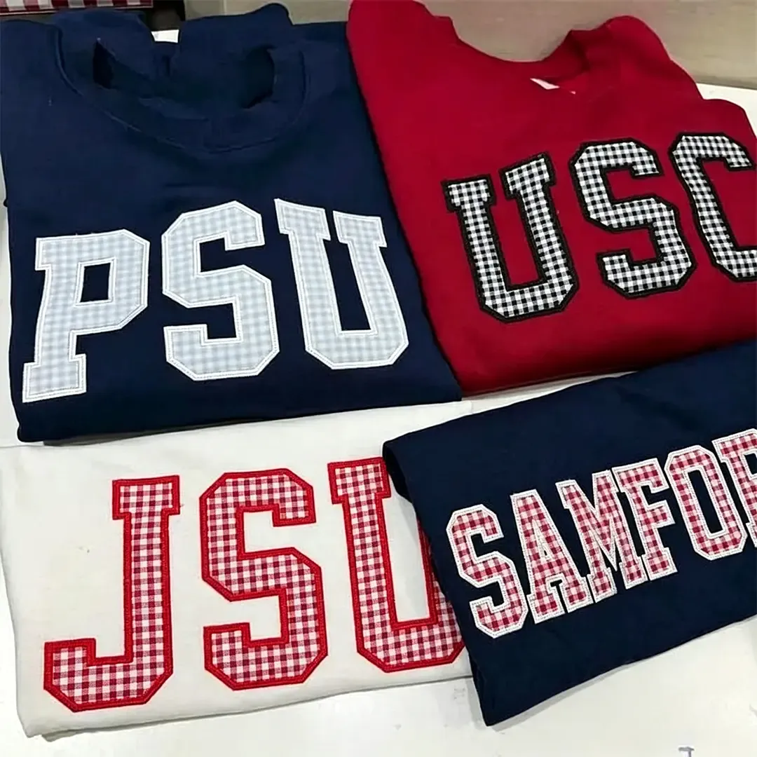 Custom Patchwork Fabric Embroidered Sweatshirt Team and School Name Applique Varsity Letters