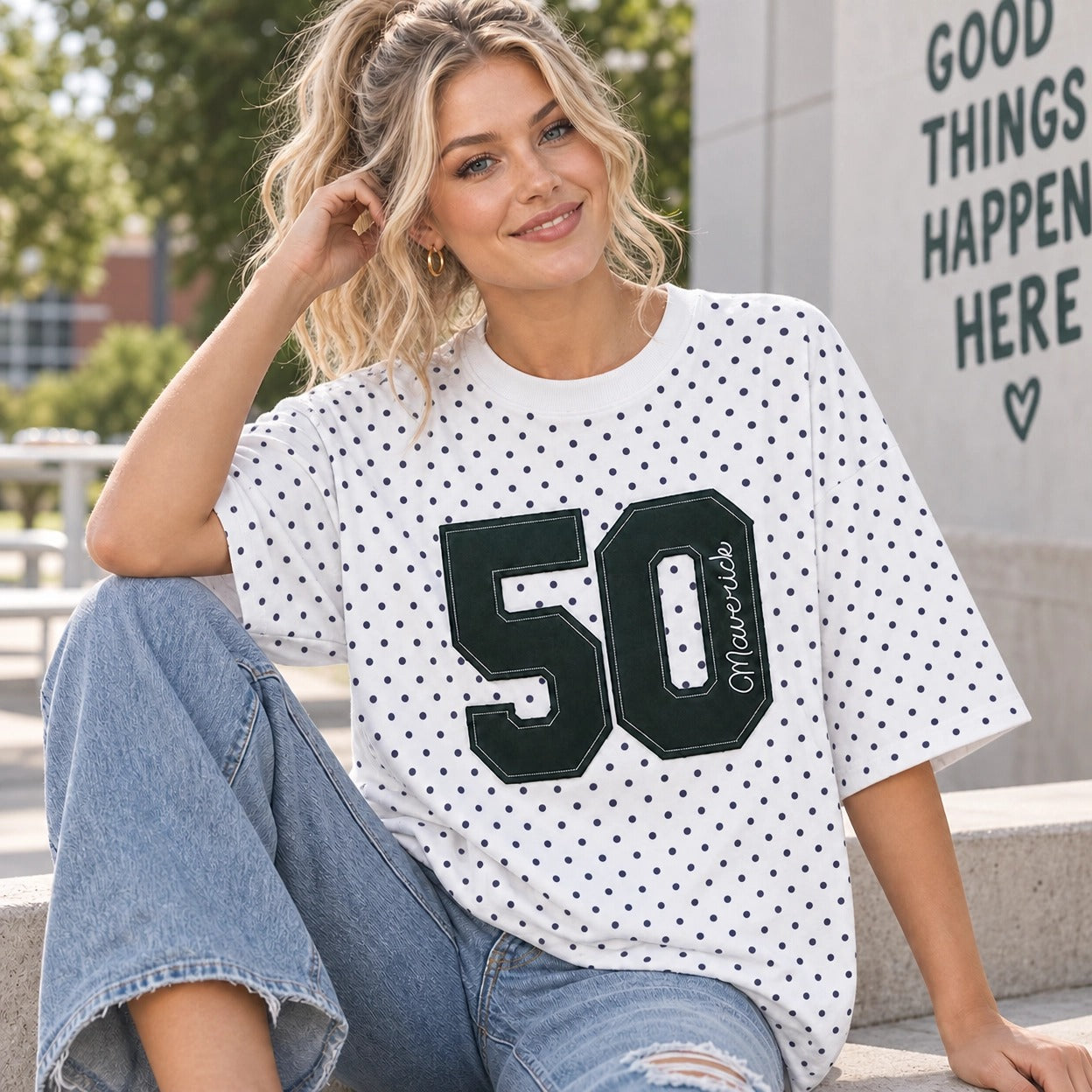 Personalized Polka Dot T-shirt, Custom Sports Number & Team/Player Name Embroidery, Game Day Wear