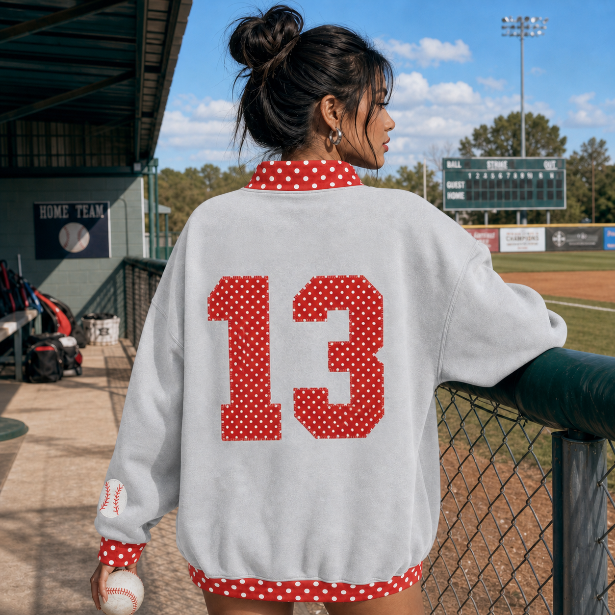 Custom Polka Dot Number Baseball Patchwork Polka Dot Check MockNeck Pullover 