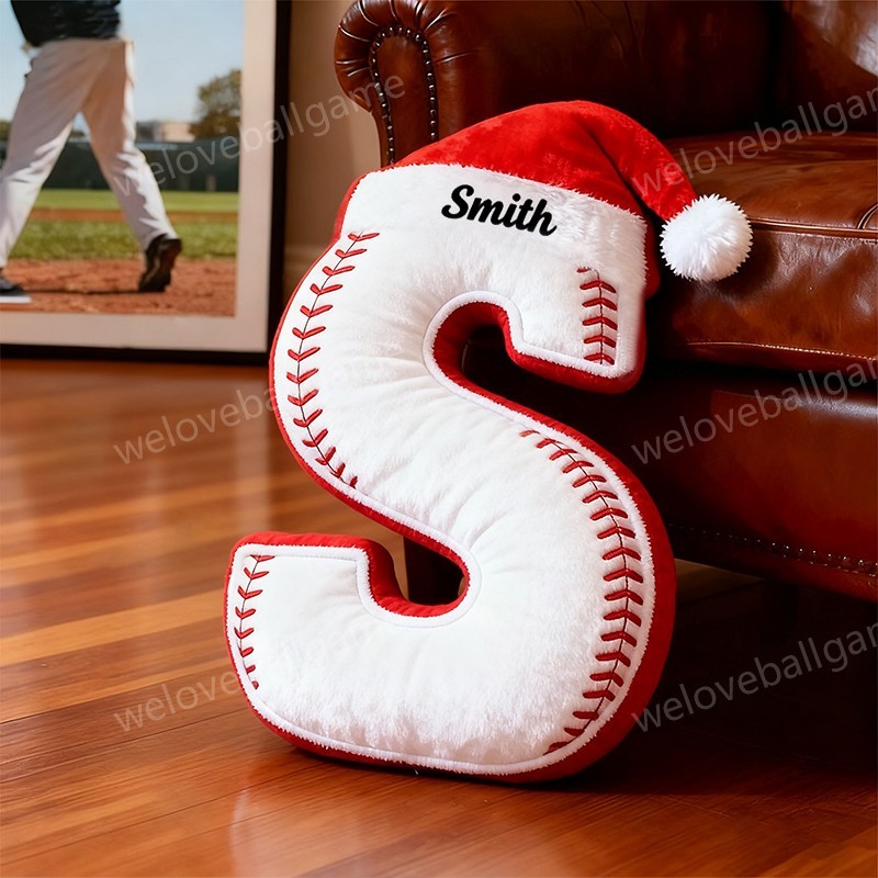 Custom Christmas Santa Hat Baseball Initial Pillow With Custom Name For Kids And Sports Fans
