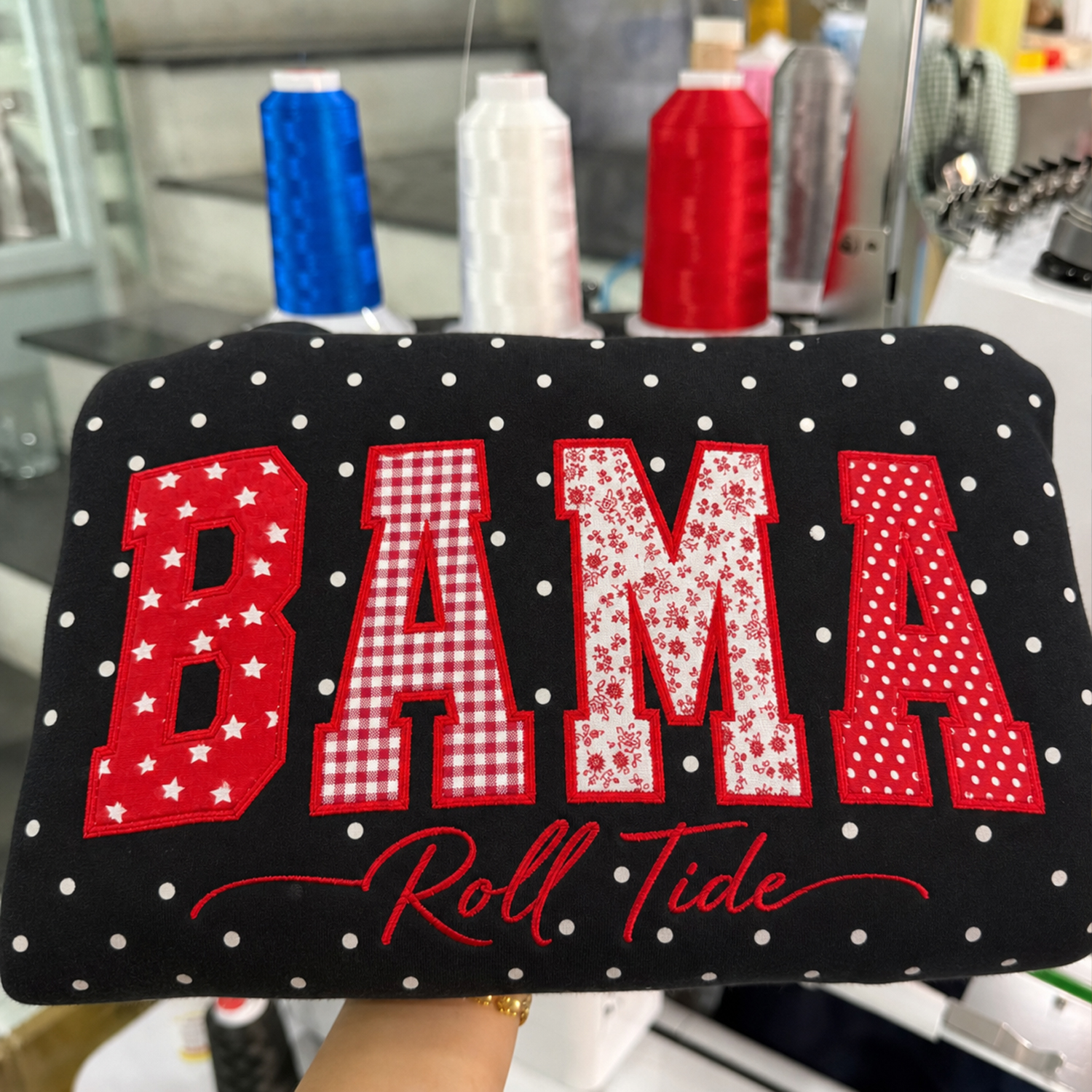 Custom Patchwork Fabric Embroidered Polka Dot Sweatshirt Team and School Name Applique Varsity Letters