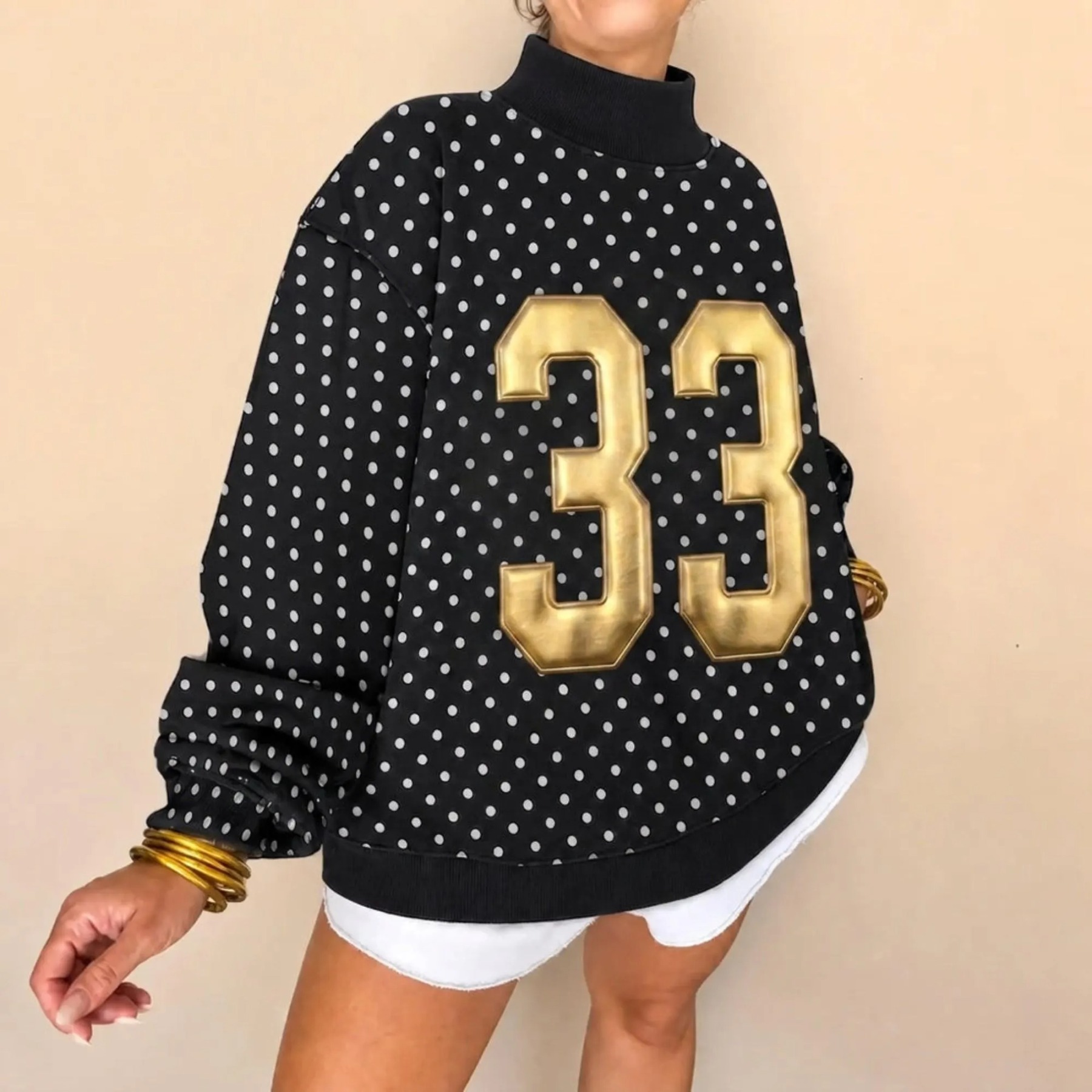Custom Metallic Puff Number Polka Dot Mockneck, Personalized Team Number Game Day Wear