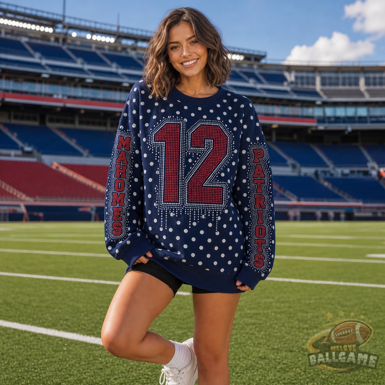 Custom Rhinestone Drip Polka Dot Sweatshirt, Personalized Chest Number & Sleeve Text Game Day Football Fan Top