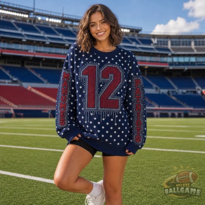 Custom Rhinestone Drip Polka Dot Sweatshirt, Personalized Chest Number & Sleeve Text Game Day Football Fan Top