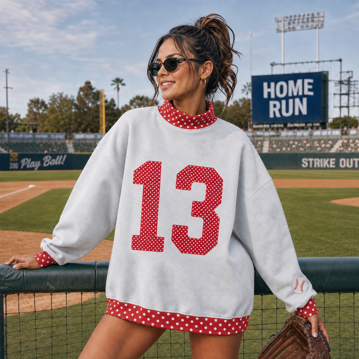 Custom Polka Dot Number Baseball Patchwork Polka Dot Check MockNeck Pullover 