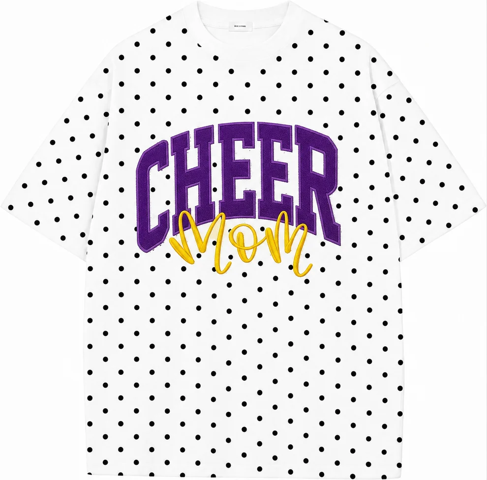 Custom Glitter Embroidered College Cheer Mom Polka Dot T-shirt Sweatshirt, Gifts for Sports Mom, Game Day Wear