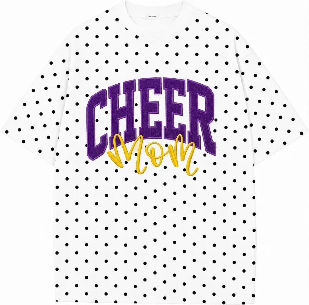 Custom Glitter Embroidered College Cheer Mom Polka Dot T-shirt Sweatshirt, Gifts for Sports Mom, Game Day Wear