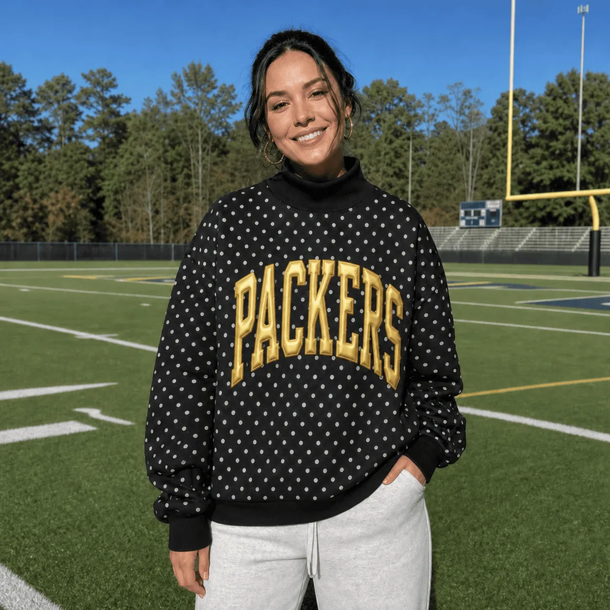 Custom Metallic Puff Mock Neck Sweatshirt - Personalized College Team Name Polka Dot Game Day Wear