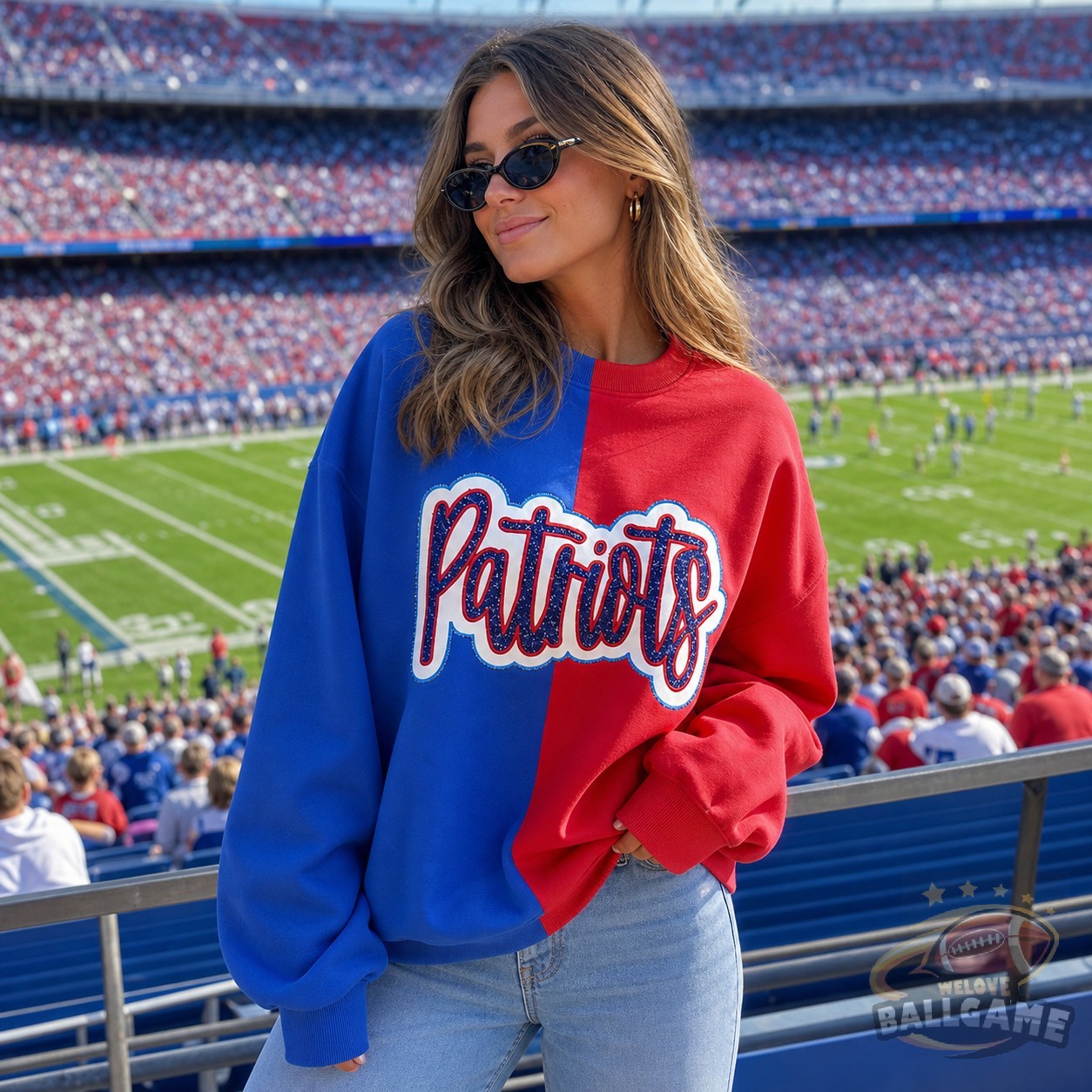 Custom Glitter Team Name Embroidered Two Tone Crewneck Sweatshirt, Personalized Game Day Pullover