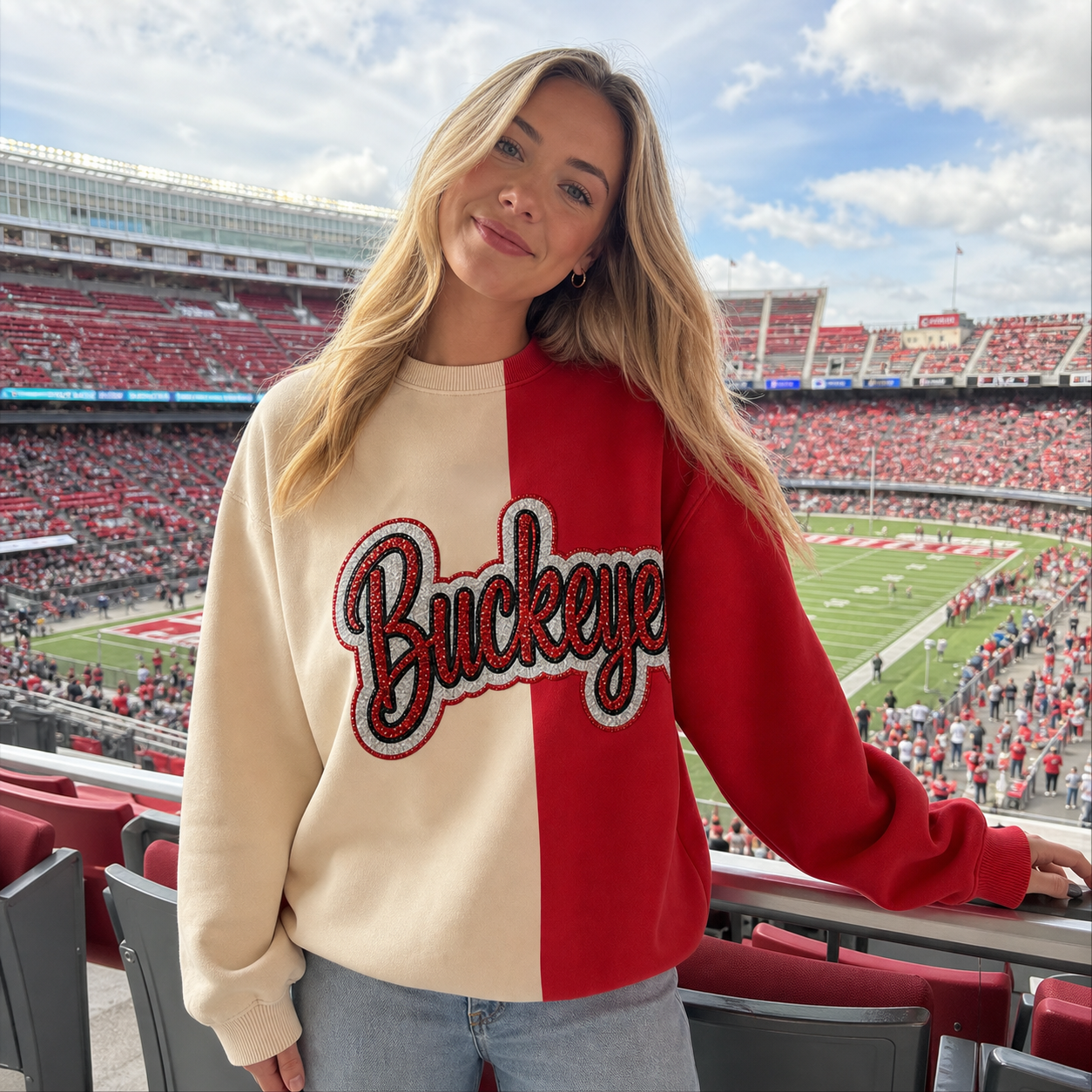 Custom Glitter Team Name Embroidered Two Tone Crewneck Sweatshirt, Personalized Game Day Pullover