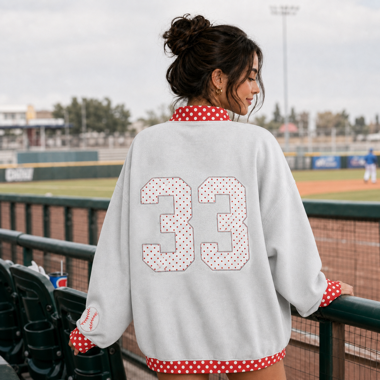 Custom Polka Dot Number Baseball Patchwork Polka Dot Check MockNeck Pullover 