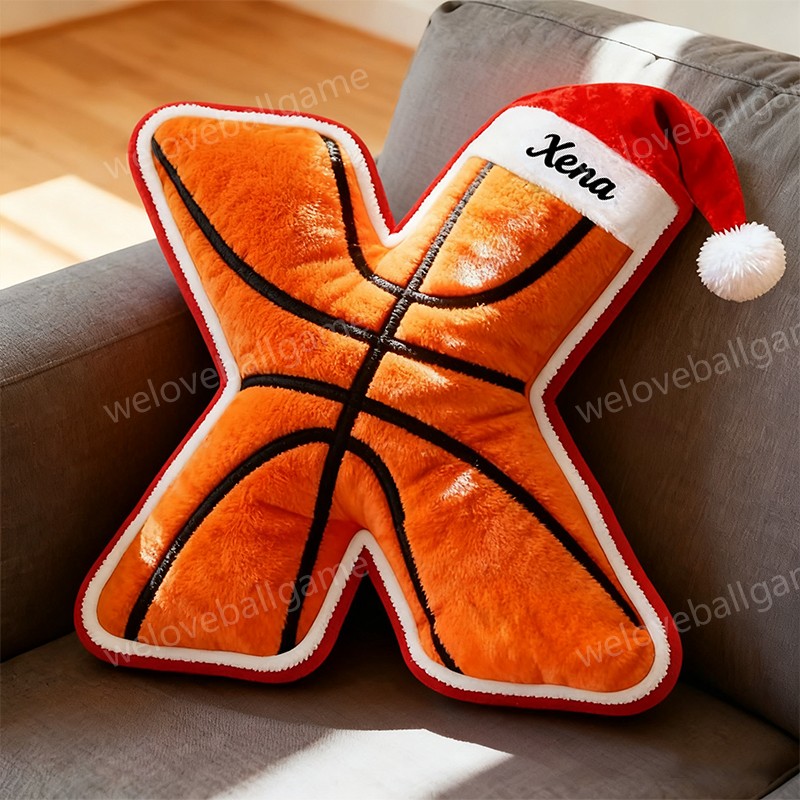 Custom Christmas Santa Hat Basketball Initial Pillow With Custom Name For Kids And Sports Fans