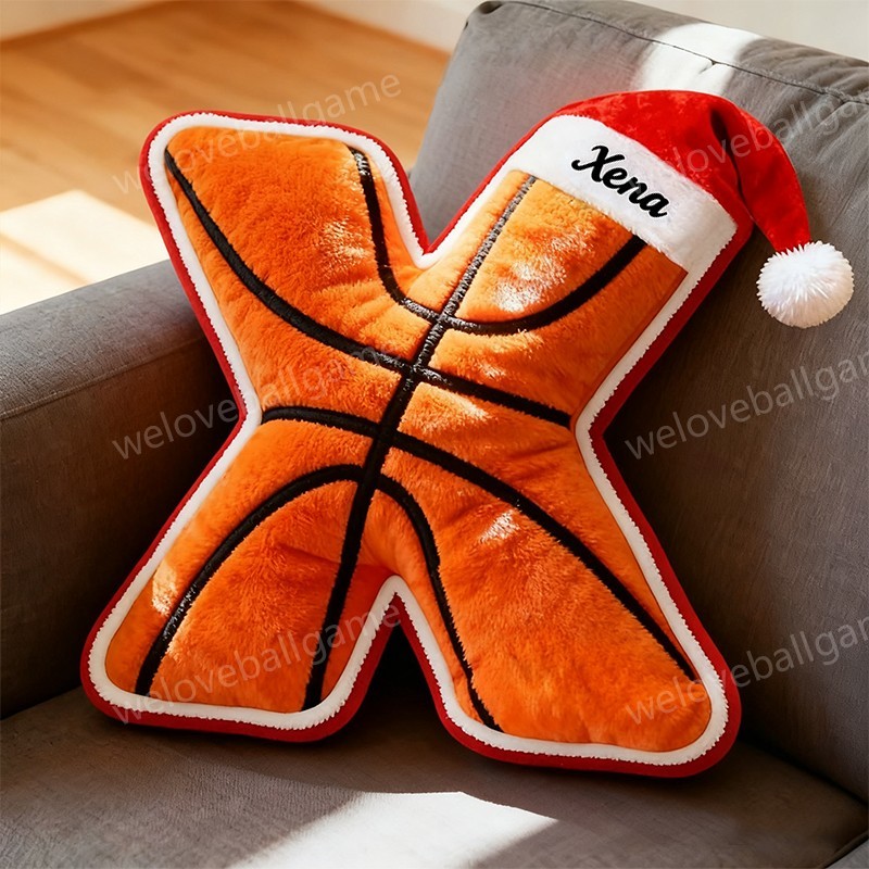 Custom Christmas Santa Hat Basketball Initial Pillow With Custom Name For Kids And Sports Fans
