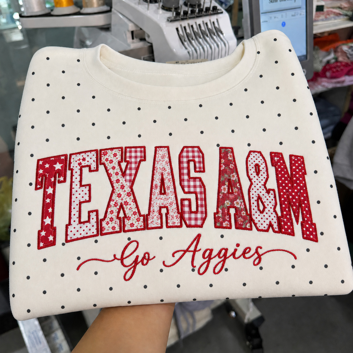 Custom Patchwork Fabric Embroidered Polka Dot Sweatshirt Team and School Name Applique Varsity Letters