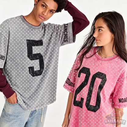 Custom Vintage Varsity Number and Custom Name on Back Polka Dot Washed T-Shirt Game Day School Spirit Shirt