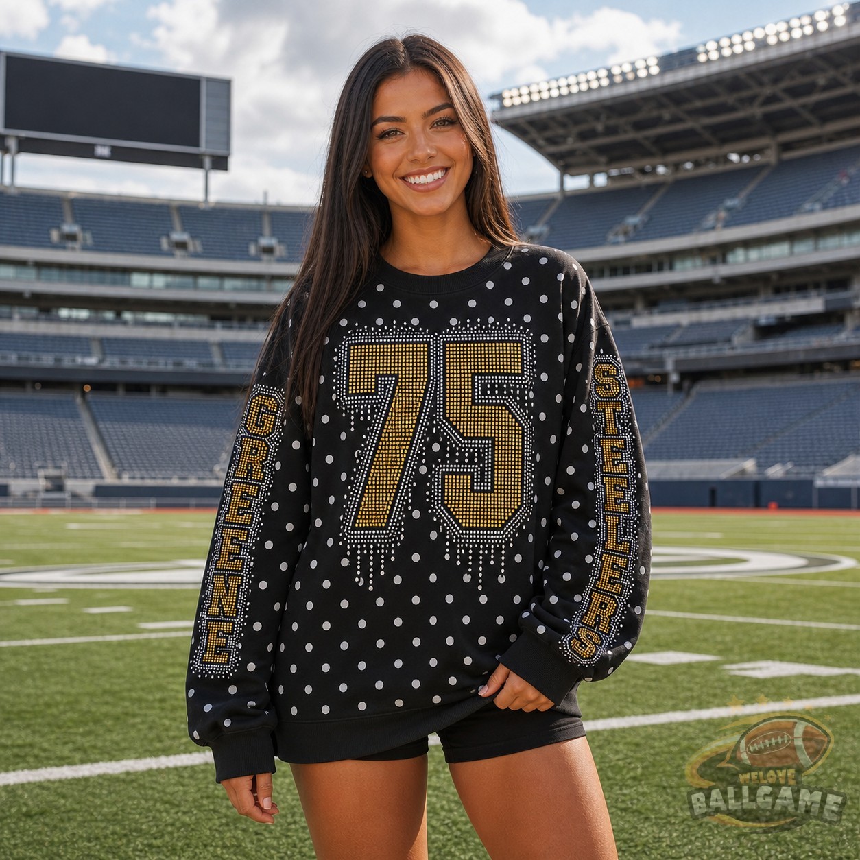 Custom Rhinestone Drip Polka Dot Sweatshirt, Personalized Chest Number & Sleeve Text Game Day Football Fan Top