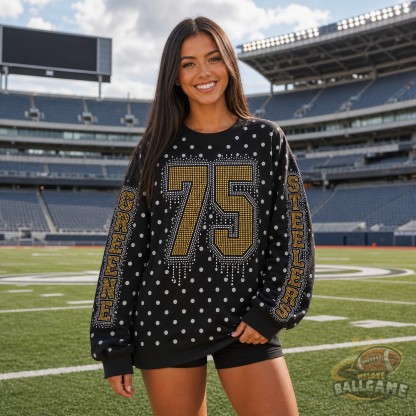 Custom Rhinestone Drip Polka Dot Sweatshirt, Personalized Chest Number & Sleeve Text Game Day Football Fan Top