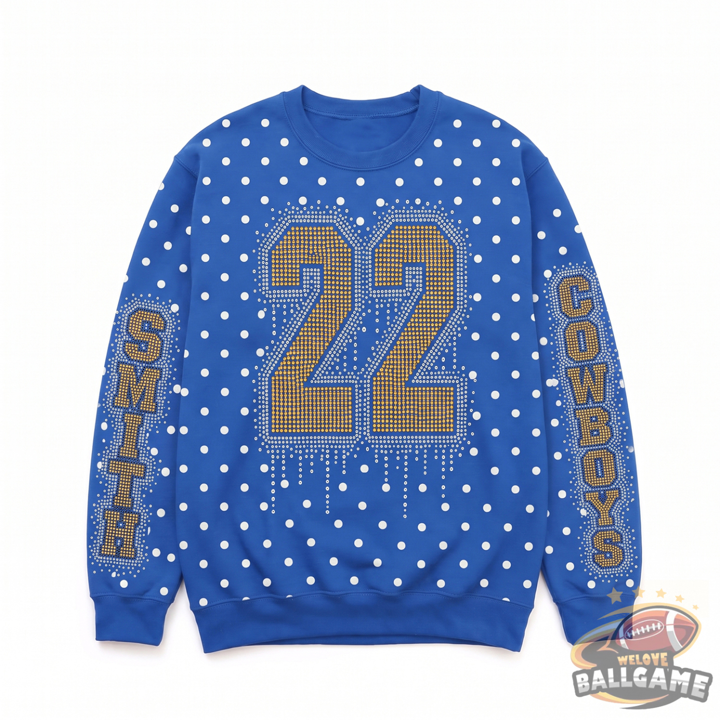 Custom Rhinestone Drip Polka Dot Sweatshirt, Personalized Chest Number & Sleeve Text Game Day Football Fan Top