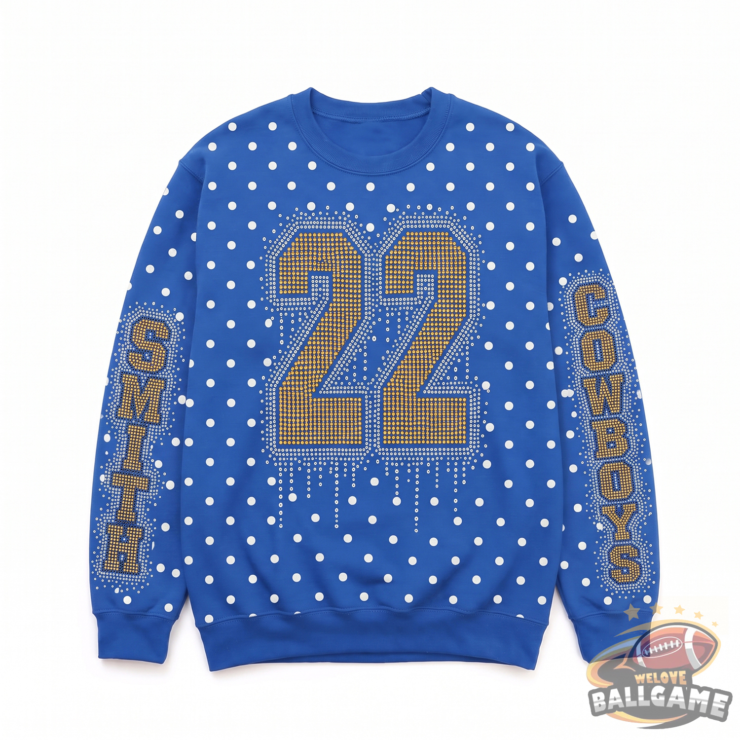 Custom Rhinestone Drip Polka Dot Sweatshirt, Personalized Chest Number & Sleeve Text Game Day Football Fan Top