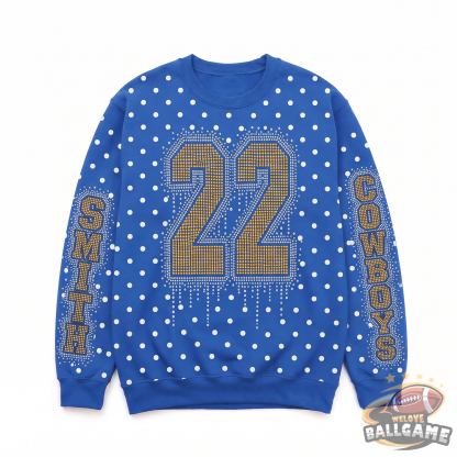 Custom Rhinestone Drip Polka Dot Sweatshirt, Personalized Chest Number & Sleeve Text Game Day Football Fan Top