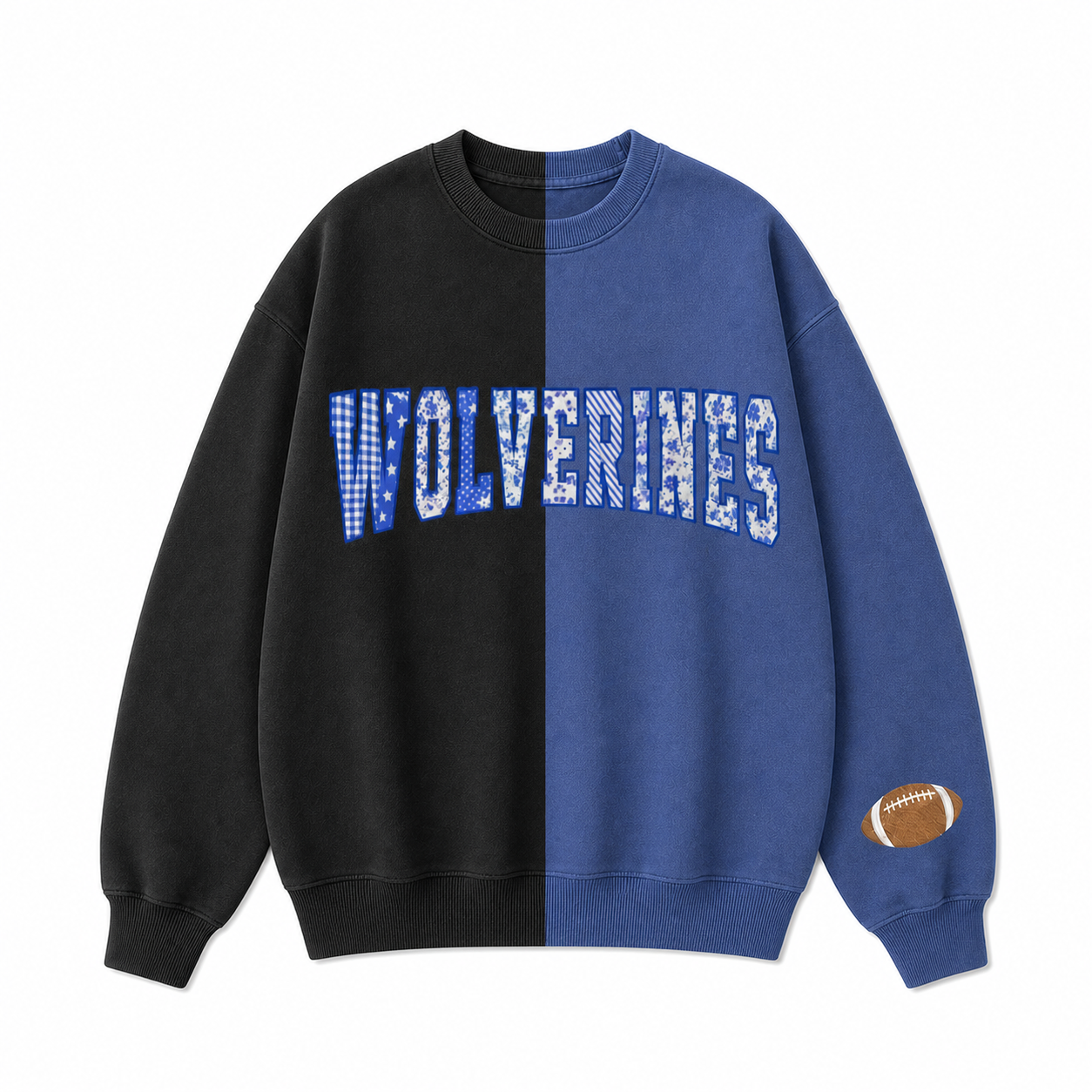Custom Patchwork Fabric Embroidered Two Tone Sweatshirt For Game Day