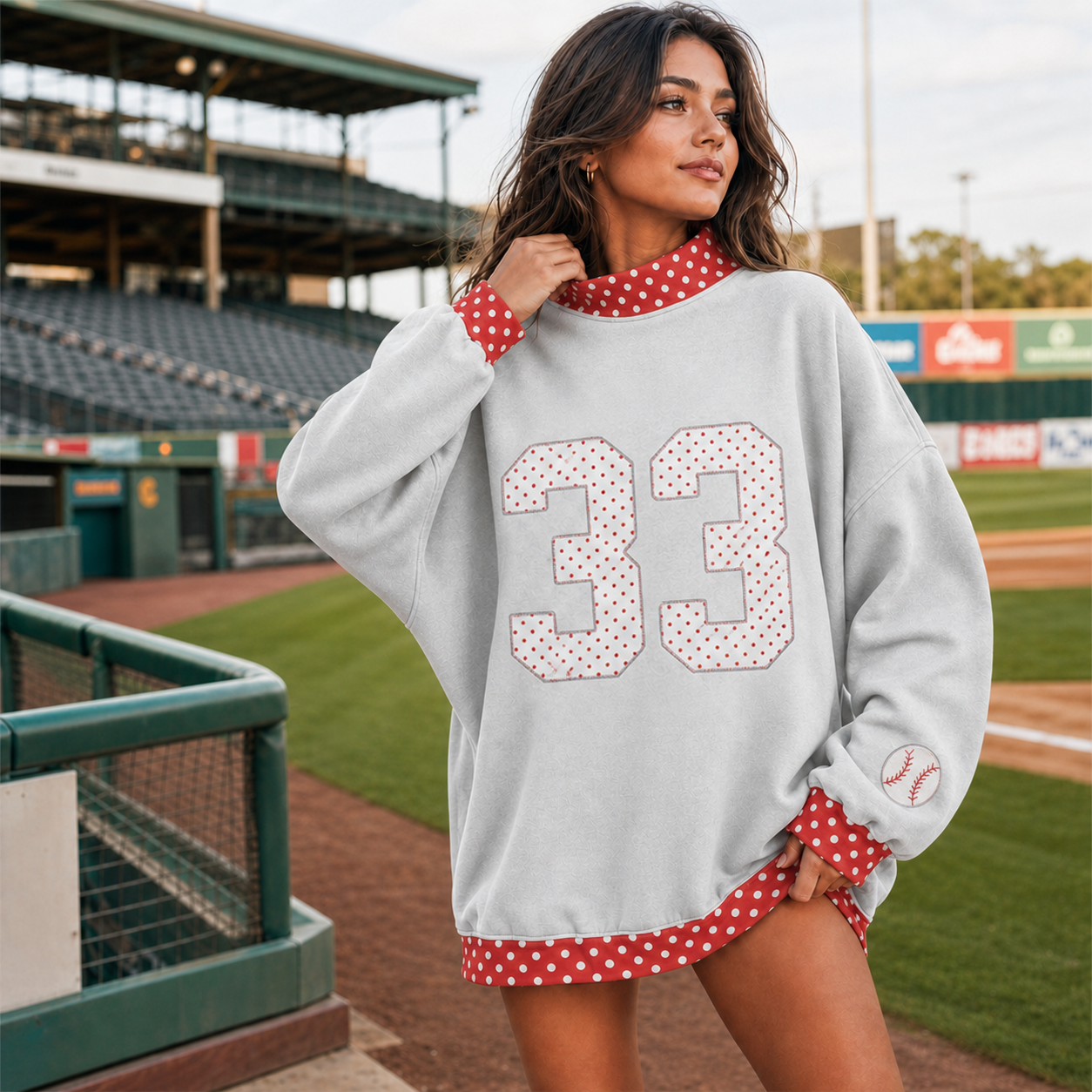 Custom Polka Dot Number Baseball Patchwork Polka Dot Check MockNeck Pullover 