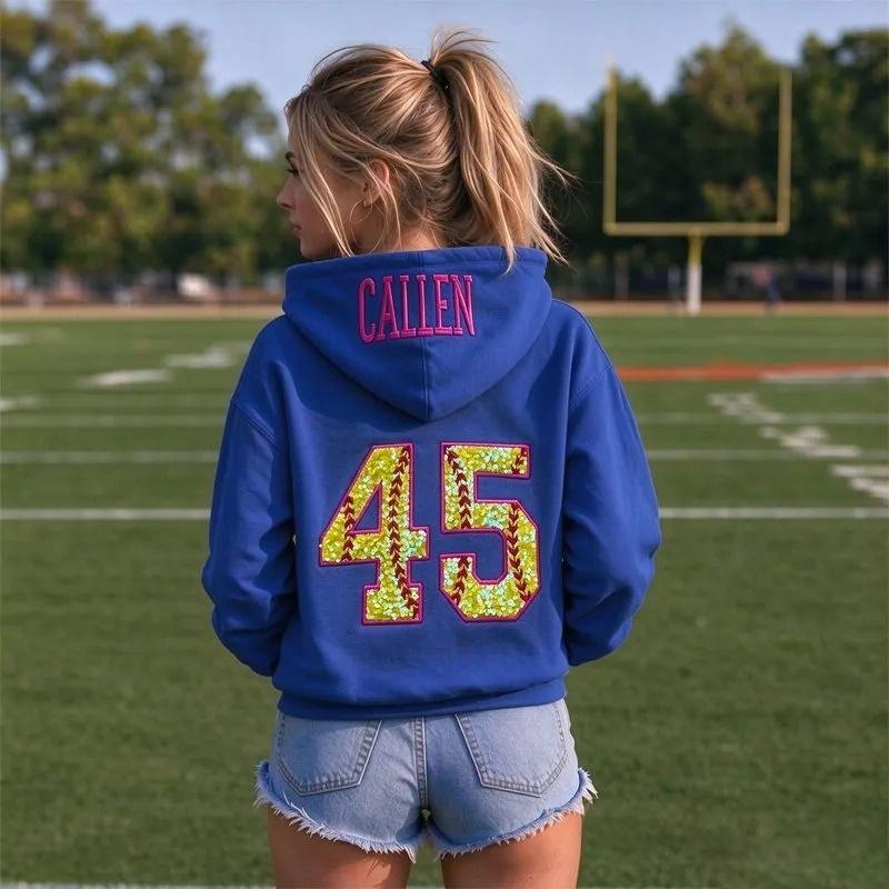 Custom Name Embroidered Hoodie, Softball Sequin Number Pullover Women Game Day Sweatshirt