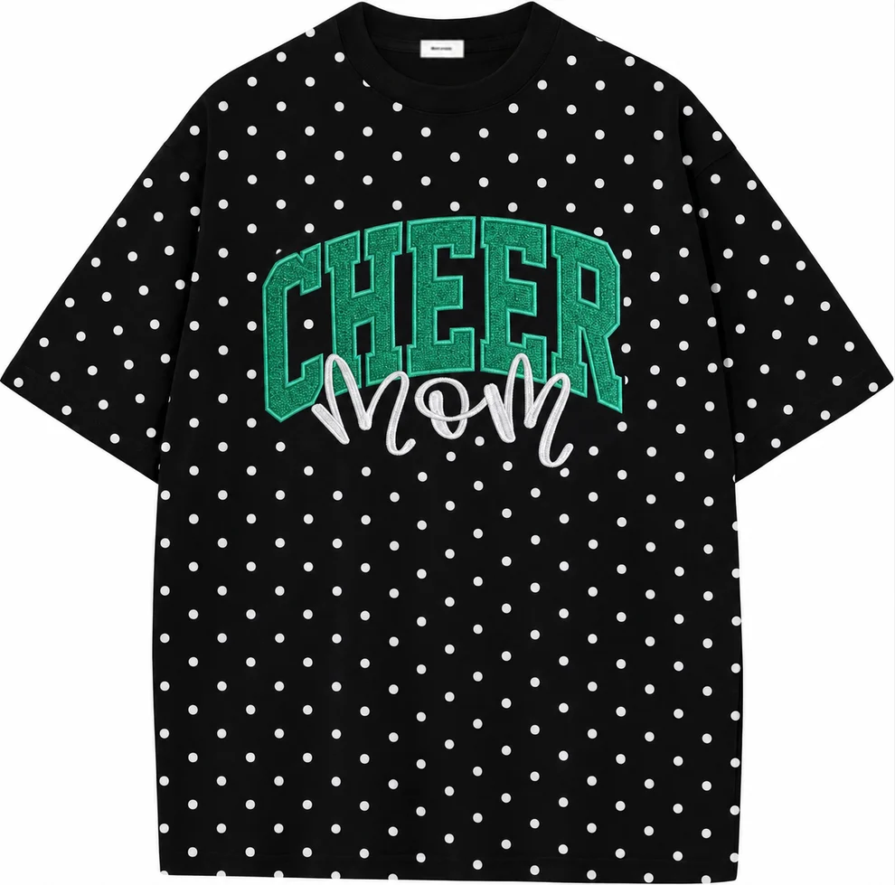 Custom Glitter Embroidered College Cheer Mom Polka Dot T-shirt Sweatshirt, Gifts for Sports Mom, Game Day Wear