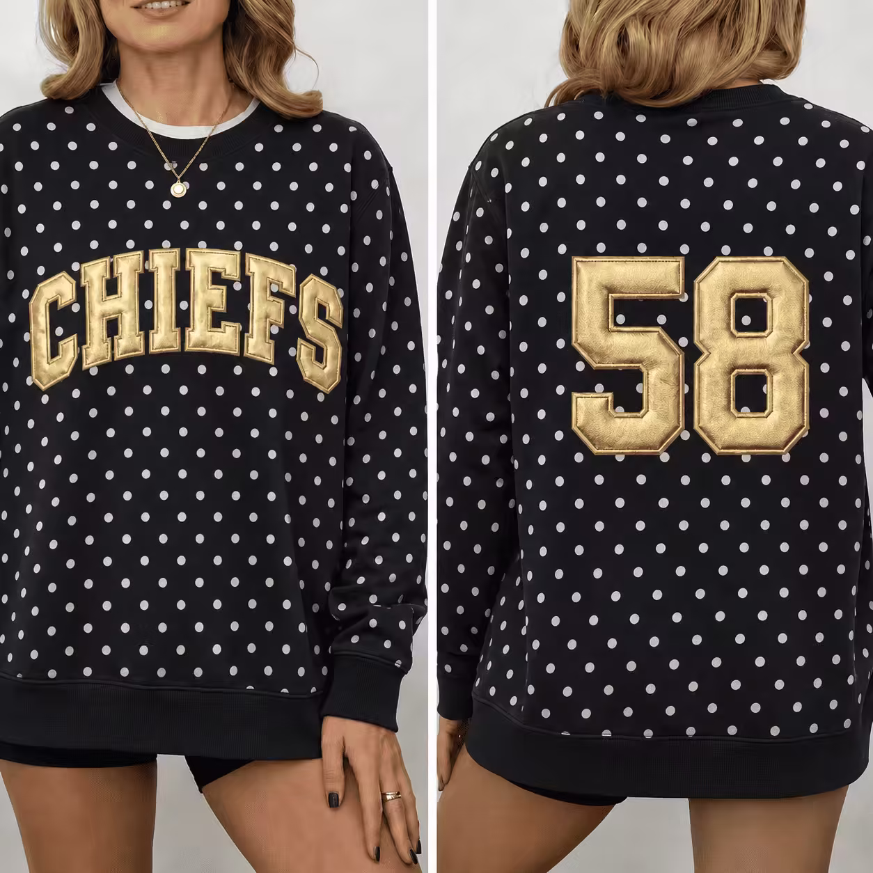 Custom Metallic Puff Polka Dot Team Name Sweatshirt - Personalized Back Number Game Day Crewneck
