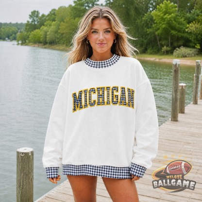 Custom Michigan Patchwork Fabric College Team Embroidered Mockneck