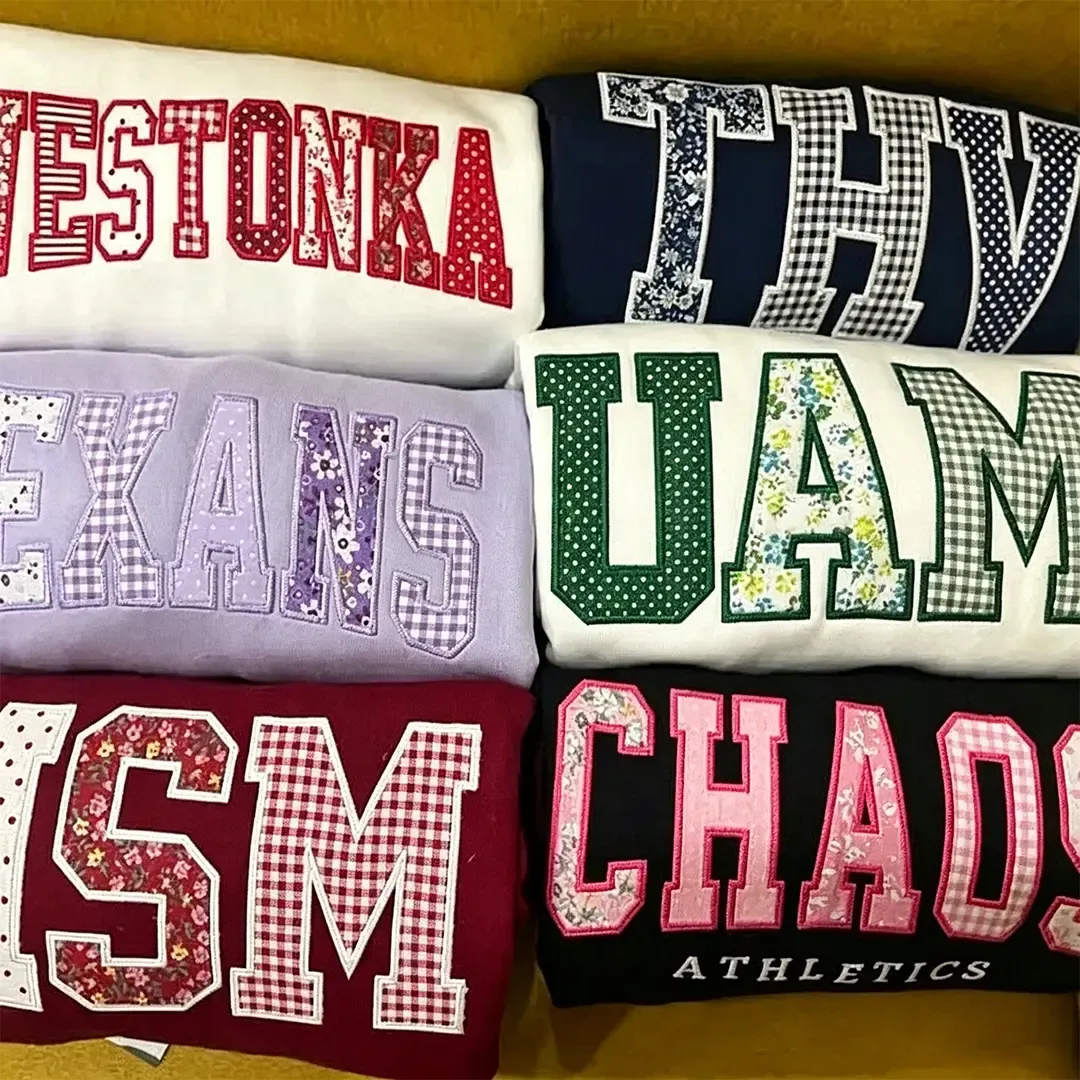 Custom Patchwork Fabric Embroidered Sweatshirt Team and School Name Applique Varsity Letters