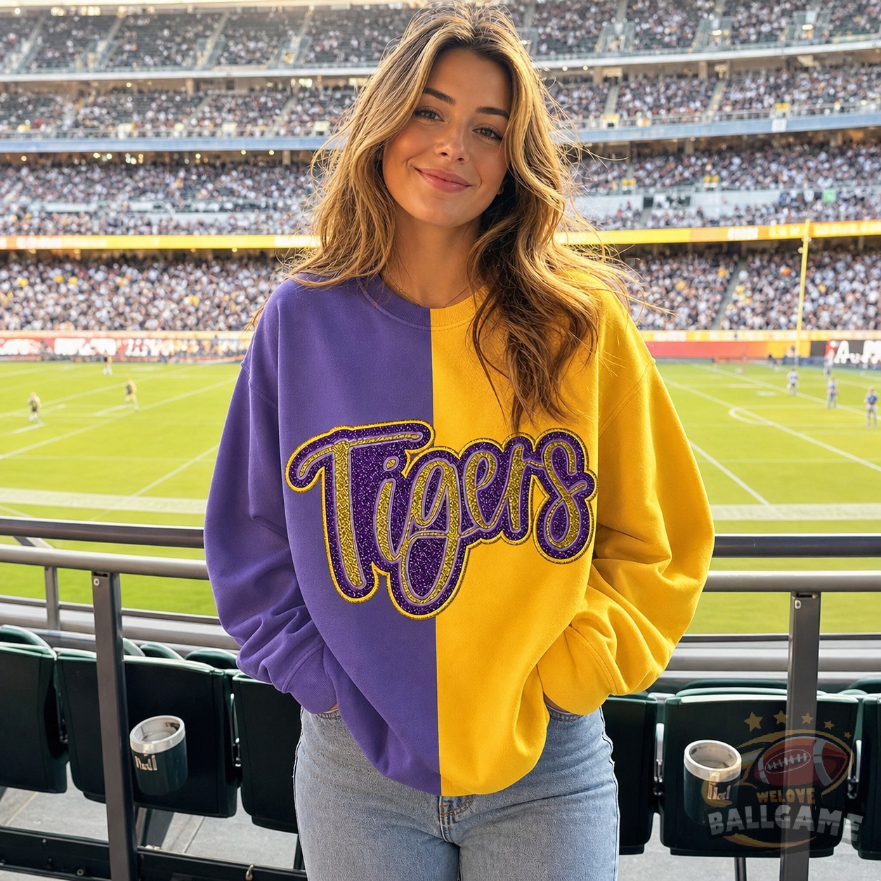 Custom Glitter Team Name Embroidered Two Tone Crewneck Sweatshirt, Personalized Game Day Pullover