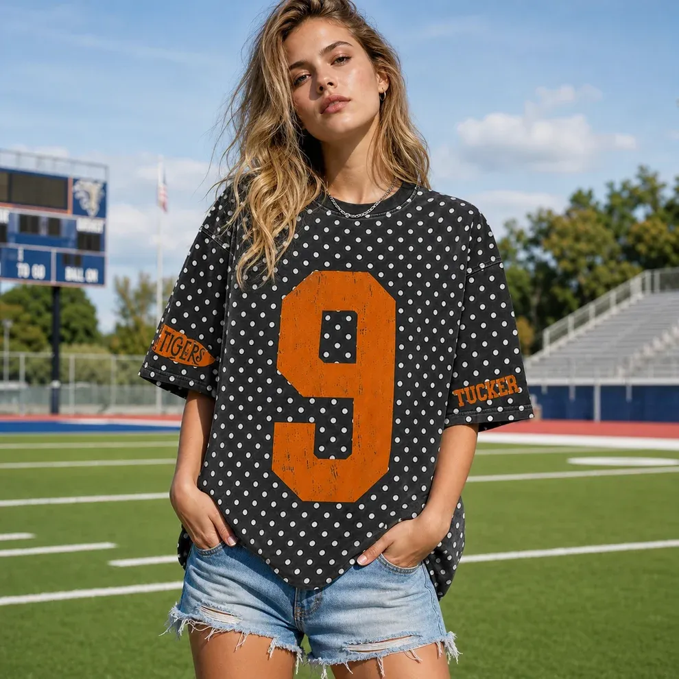 Custom Vintage Varsity Number or Letter Sport Team Polka Dot T-shirt, Game Day Wear