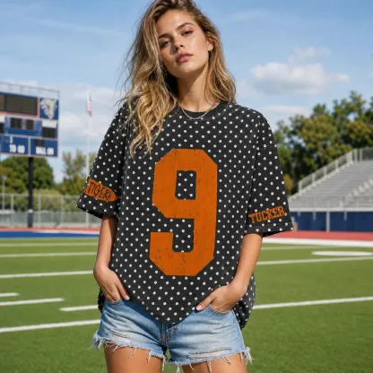 Custom Vintage Varsity Number or Letter Sport Team Polka Dot T-shirt, Game Day Wear