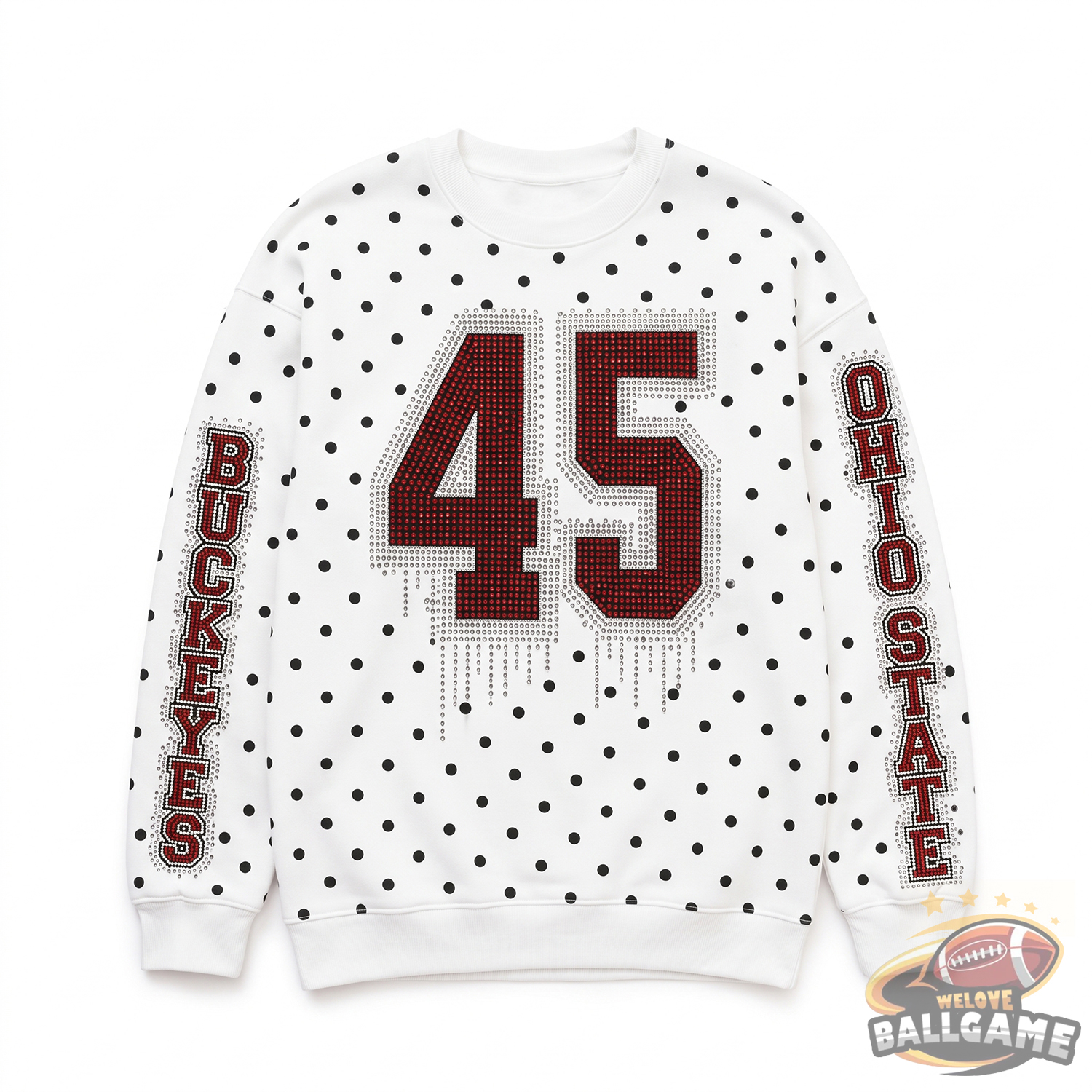 Custom Rhinestone Drip Polka Dot Sweatshirt, Personalized Chest Number & Sleeve Text Game Day Football Fan Top