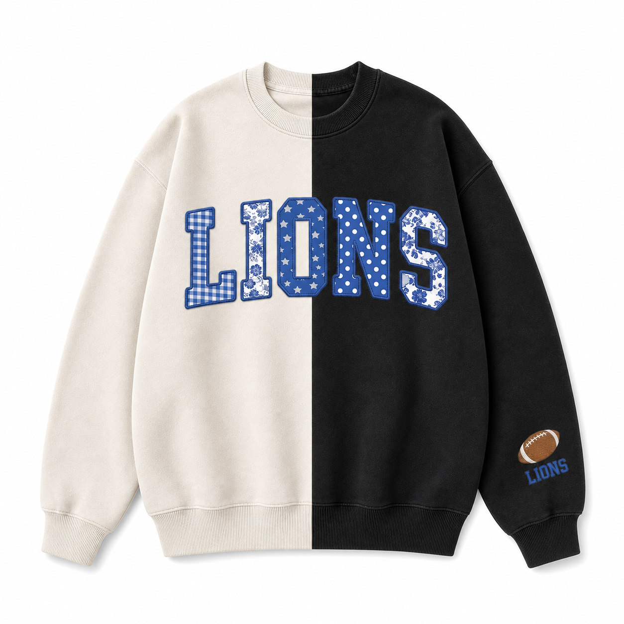 Custom Patchwork Fabric Embroidered Two Tone Sweatshirt For Game Day
